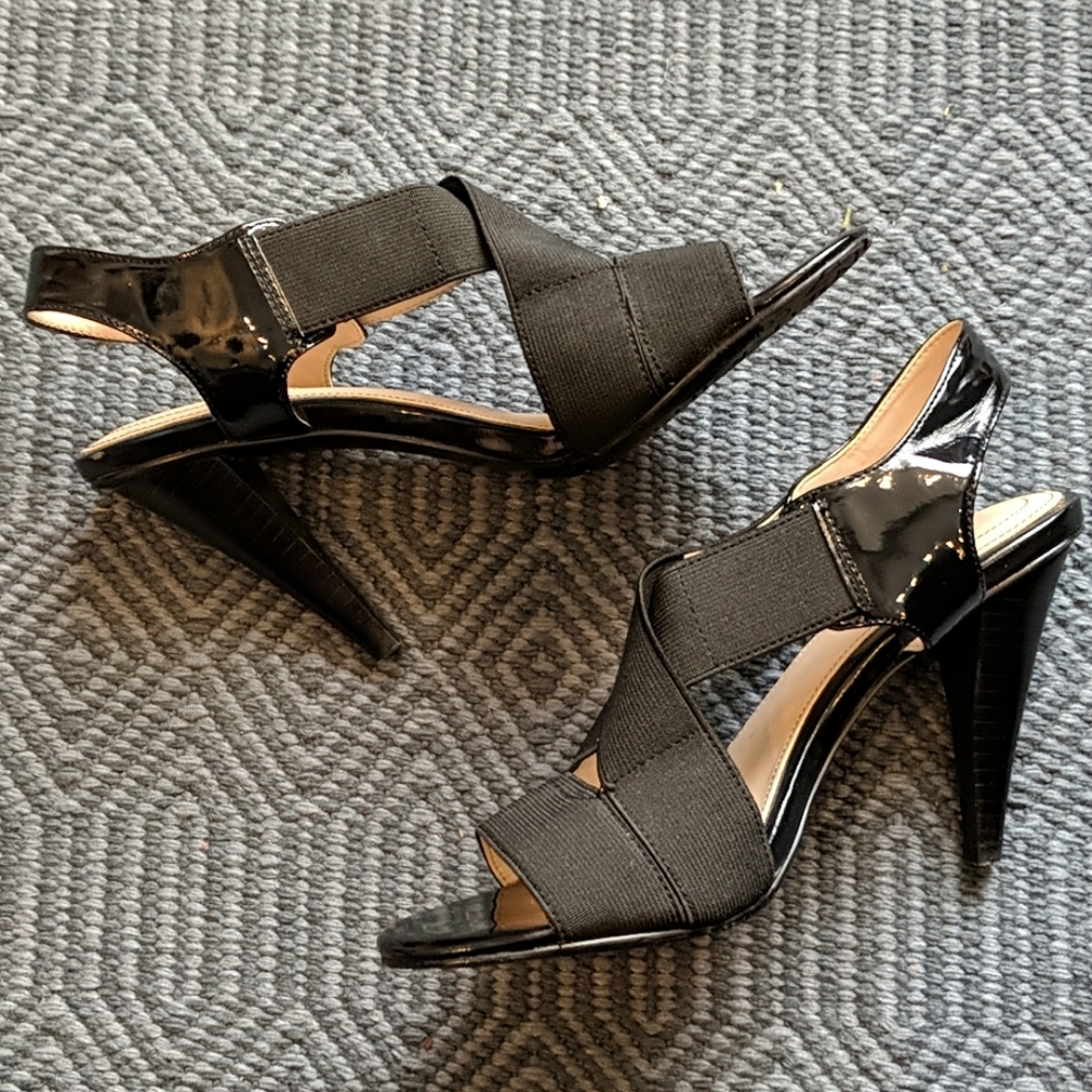 CK black patent leather & elastic strappy heels